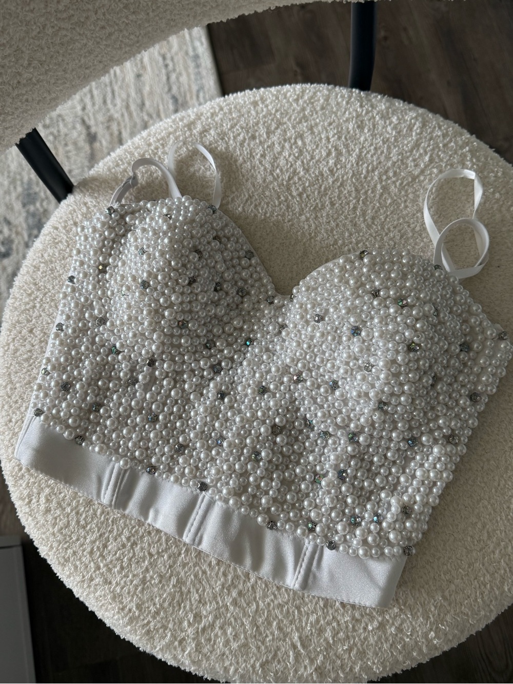 AKIRA White Pearl-Embellished Bustier Crop Top
